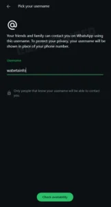 WhatsApp वर Username तयार करताना दिसणारा मोबाईल नंबर लपवण्याचा पर्याय.